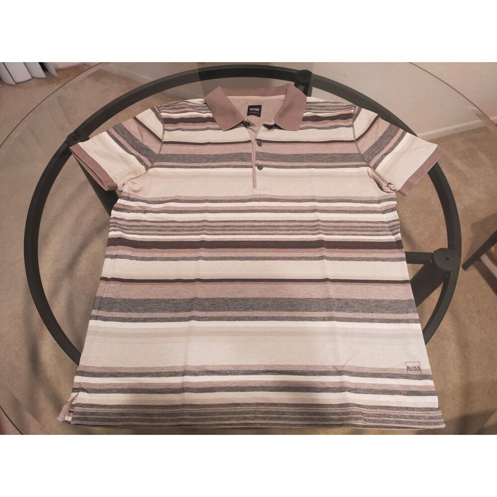 Hugo Boss Multicolored Striped Biege/Sandy Collared Polo T-Shirt Size Large